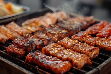Detailed view of meat cooking on a grill, showcasing Yakiniku Assorted dish preparation.