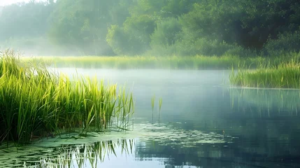 Foto auf Acrylglas Beautiful serene nature scene with river reeds fog and water © Ziyan