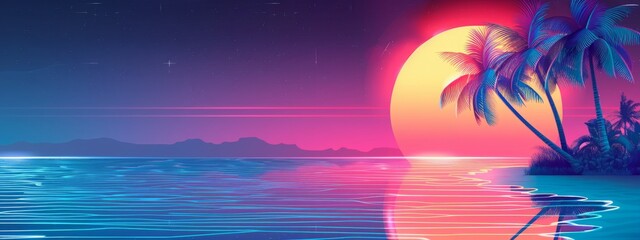 Obraz premium Palms silhouettes at neon sunset sky. Night landscape with palm trees on beach. Creative trendy summer tropical background. Vacation travel concept. Retro, synthwave, retrowave style. Rave party