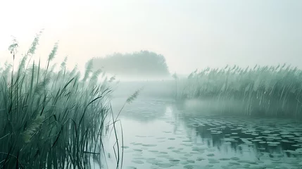 Fotobehang Beautiful serene nature scene with river reeds fog and water © Ziyan