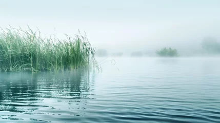 Selbstklebende Fototapeten Beautiful serene nature scene with river reeds fog and water © Ziyan