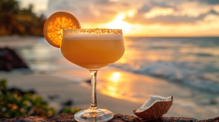 A serene beach sunset backdrop highlights a handcrafted cocktail with orange juice, coconut water, and Rhodiola rosea, garnished with orange and coconut for a calming yet rejuvenating vibe.