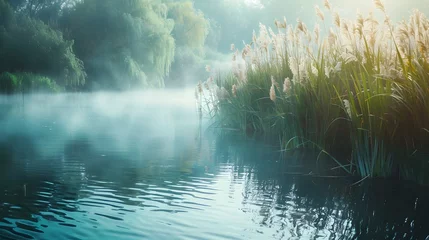 Tuinposter Beautiful serene nature scene with river reeds fog and water © Ziyan