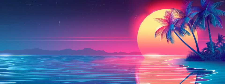 Palms silhouettes at neon sunset sky. Night landscape with palm trees on beach. Creative trendy summer tropical background. Vacation travel concept. Retro, synthwave, retrowave style. Rave party