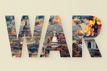 The word war is formed in a collage of urban Europa images like buildings and streets.