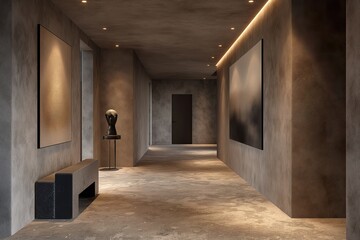 A long hallway featuring a painting hung on the wall, styled in dark black.a
