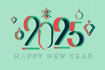 happy new year 2025  greeting banner, background, web, card, wallpaper, layout, template. Christmas tree toys ornament 