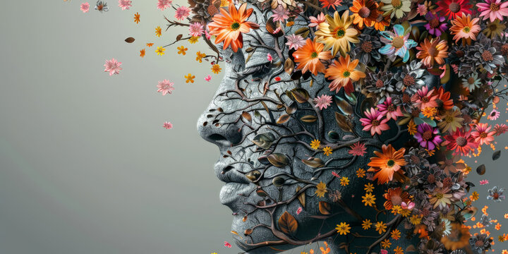 woman head 3d art flowers concept fantasy art face blooming with free space for editing