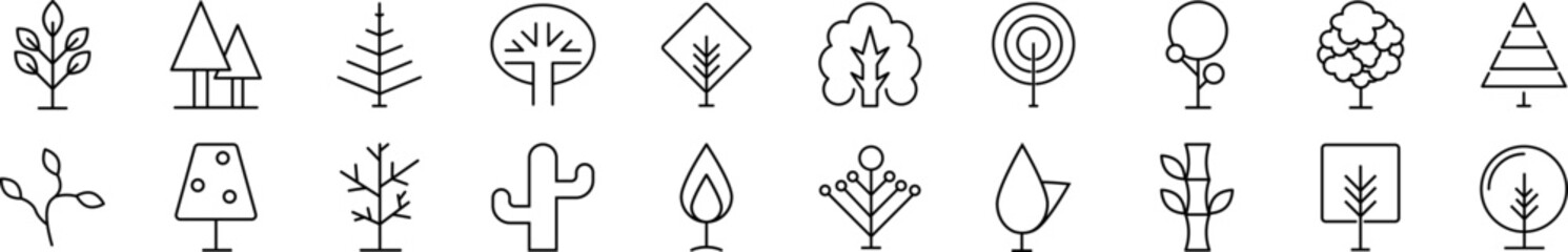 Bundle of linear symbols of various plants. Editable stroke. Linear symbol for web sites, newspapers, articles book