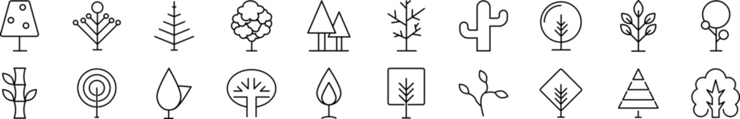 Deciduous, coniferous and tropical trees linear vector icons collection. Editable stroke. Simple linear illustration for web sites, newspapers, articles book