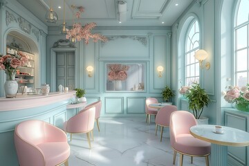 A room filled with numerous pink chairs and tables in a cafe boutique, featuring pastel colors.