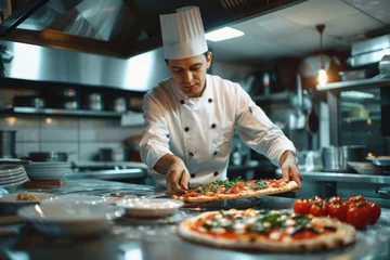 Poster Pizza chef finishing the preparation of a tasty pizza in professional pizzeria restaurant kitchen. © Lubos Chlubny