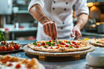 Pizza chef finishing the preparation of a tasty pizza in professional pizzeria restaurant kitchen.