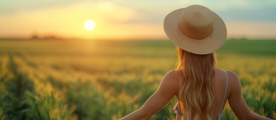 Happy woman in straw hat with open arms greeting sunrise in nature - obrazy, fototapety, plakaty