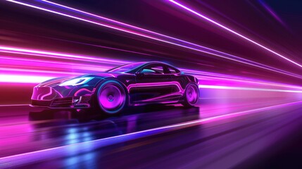 Purple neon glowing in the dark electric car on high speed running concept. - obrazy, fototapety, plakaty