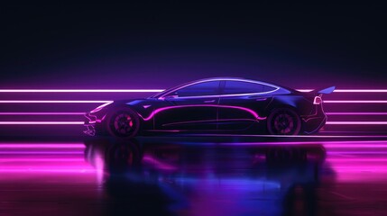 Purple neon glowing in the dark electric car on high speed running concept.