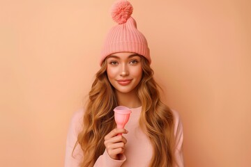 A young woman with long hair is holding a pink menstrual cup while wearing a pink hat on a beige background.