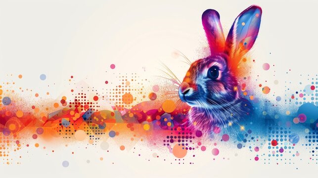 a painting of a rabbit with colorful spots on it's face and a white background with circles around it.