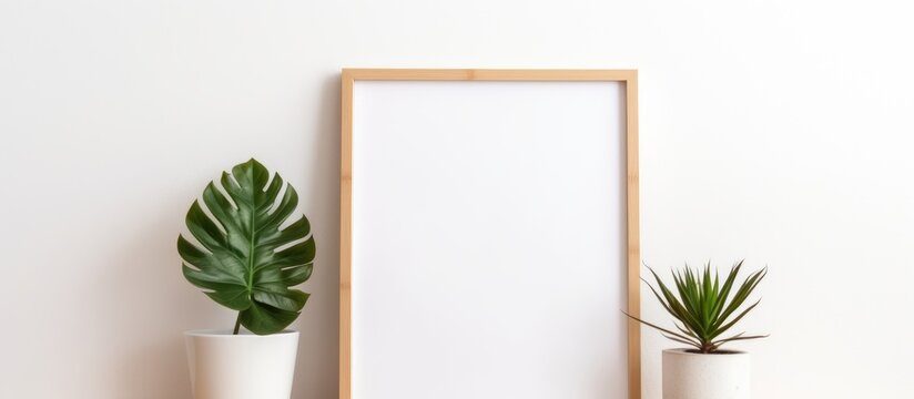 A rectangular picture frame made of wood is hanging on a white wall between two potted houseplants. The plants are adding a natural touch to the room