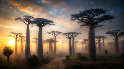 Foto op Canvas A misty dawn among baobab trees evokes a serene, otherworldly atmosphere. For travel campaigns, fantasy scenes or wellness retreats. © Olga