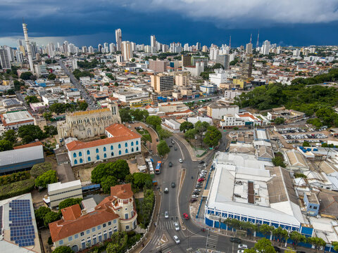Aerial city scape in summer with storm clouds in Cuiaba Mato Grosso