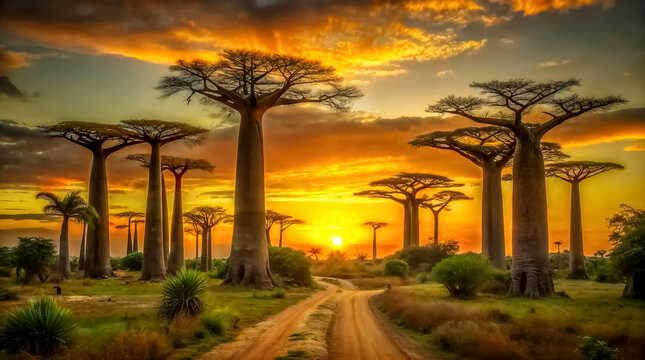 A majestic avenue of baobabs during a stunning sunset. ideal for evocative travel imagery and nature-themed designs.