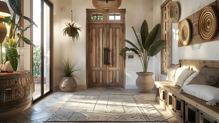 Boho style interior design of modern entrance hall with door.