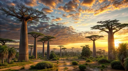Schilderijen op glas A serene pathway through baobab giants under the sunrise sky. perfect for environmental campaigns,  travel inspiration backgrounds and wall arts. © Olga