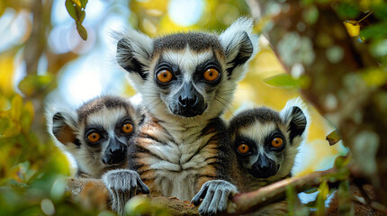 Adorable ring-tailed lemur family on a branch in Madagascar jungle.  Perfect for wildlife and conservation themes.  - obrazy, fototapety, plakaty