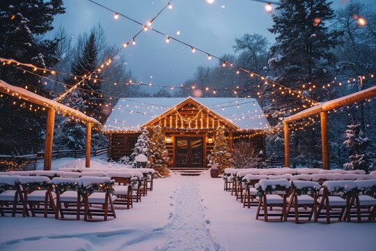 A photograph capturing a snowy wedding venue adorned with string lights and featuring wooden benches for guests, Snowy winter wonderland wedding with a cozy log cabin and string lights, AI Generated