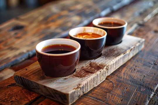 Variety of coffee flavors with a tasting flight presented on a charming wooden tray.