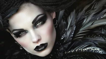 Möbelaufkleber Studio portrait of a high fashion model dressed entirely in black. Black liptick, eyeshadow, raven, feathers, and a headdress. Pale complexion and white makeup. © Daniel L
