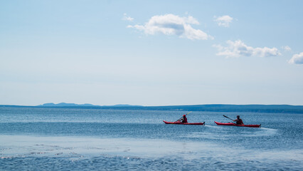Forillon National Park, Canada - August 28 2018: Kayak and Coastline view of Forillon National Park in Quebec