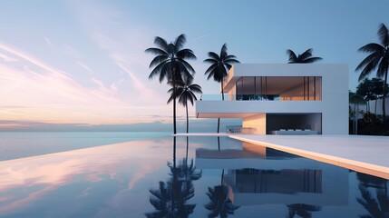 Exterior of amazing modern minimalist cubic villa with large swimming pool among palm trees.  - Powered by Adobe