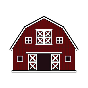 Red wooden barn with open gate and windows. Front view. Vector isolated outline illustration on white background