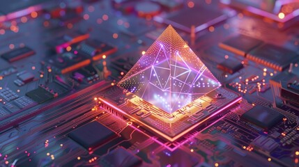 Futuristic pyramid hologram over circuit board, depicting advanced technology.