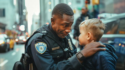 An African American police officer offers compassionate comfort to a young Caucasian boy who was lost in the city , embodying empathy and reassurance in a moment of need - obrazy, fototapety, plakaty