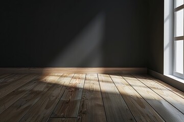 Wooden floor with black wall in room with sunlight through the window
