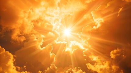 God light. Dramatic golden cloudy sky with sun beam. Yellow sun rays through golden clouds. God light from heaven for God hope and faithful concept. Believe in god. Beautiful sunlight sky background. 