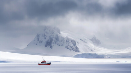 Ujęcie przedstawiające śnieżne nadmorskie pustkowie z uwięzionym w krze niewielkim statkiem - obrazy, fototapety, plakaty