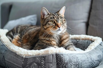 Cute cat lying on soft dog bed in home interior