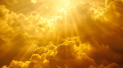 God light. Dramatic golden cloudy sky with sun beam. Yellow sun rays through golden clouds. God light from heaven for God hope and faithful concept. Believe in god. Beautiful sunlight sky background.  - obrazy, fototapety, plakaty