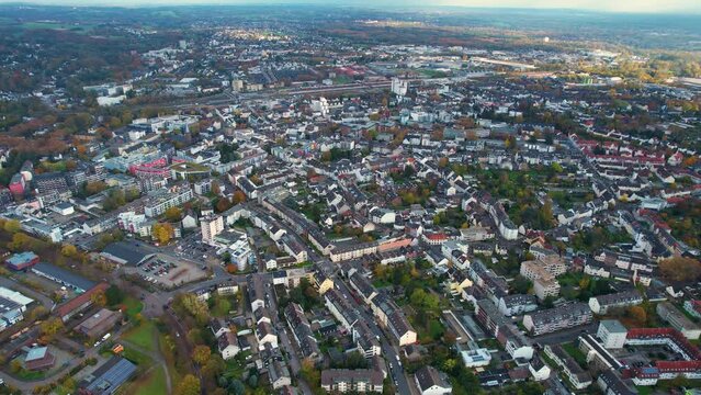 Aerial view of the downtown Leverkusen in Germany on a sunny noon in autumn