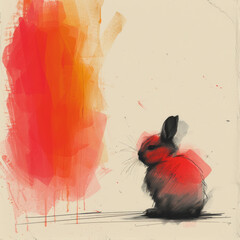 a painting of a rabbit sitting in front of a red and orange painting of an orange and white background with a black outline.