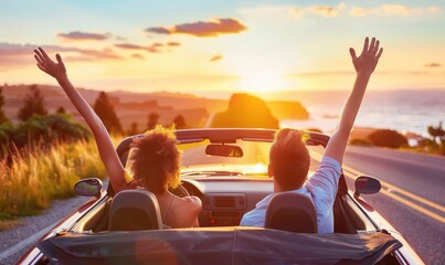 Romantic young couple enjoying their vacation driving a convertible car raising their arms to the sky