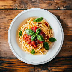 Plate of spaghetti or pasta with tomato sauce and basil leaves on a wooden table - 758300358