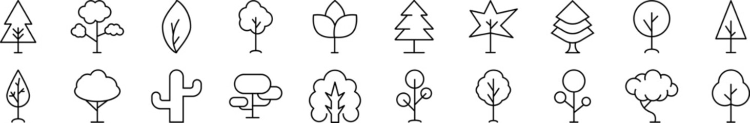 Trees and bushes vector images drawn with thin line. Editable stroke. Simple linear illustration for web sites, newspapers, articles book