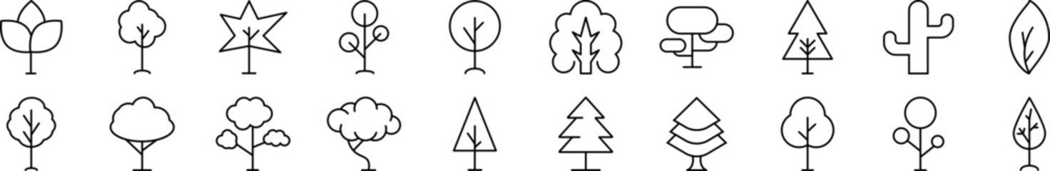 Simple outline signs of deciduous and conifers. Editable stroke. Line icons for web sites, newspapers, articles book