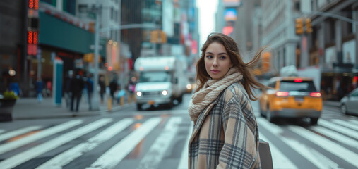 young attractive woman walks across the street in a big city and looks into the camera - Lifestyle and Fashion - 758300385