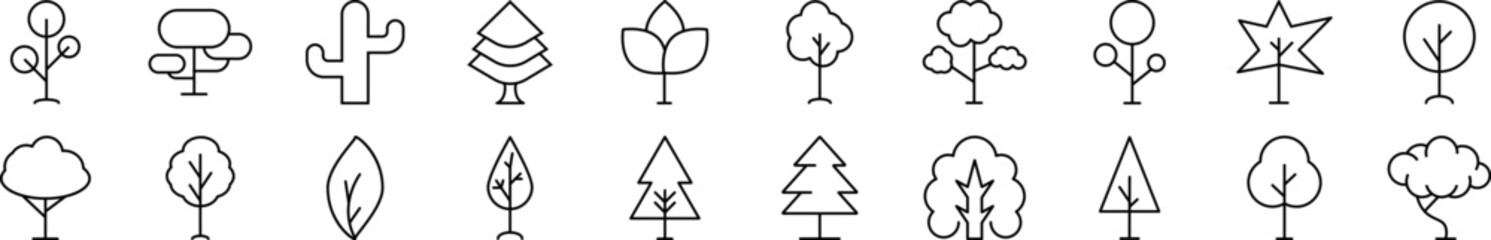 Images of trees and bushes drawn with Thin Line. Editable stroke. Simple linear illustration for stores, shops, banners, design